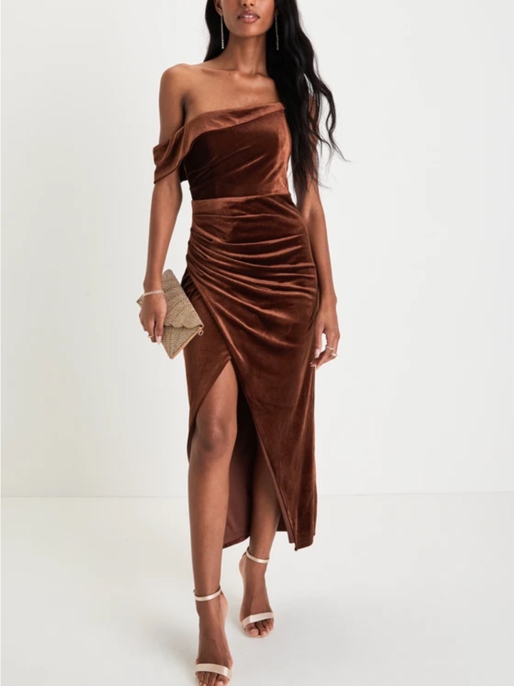 Lulus Showing Off a Little Brown Velvet One-shoulder Tulip Midi Dress